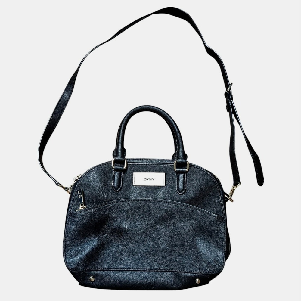 DKNY VTG Crossbody Tote Bag Womens Black Saffiano Genuine Leather Size 10x12